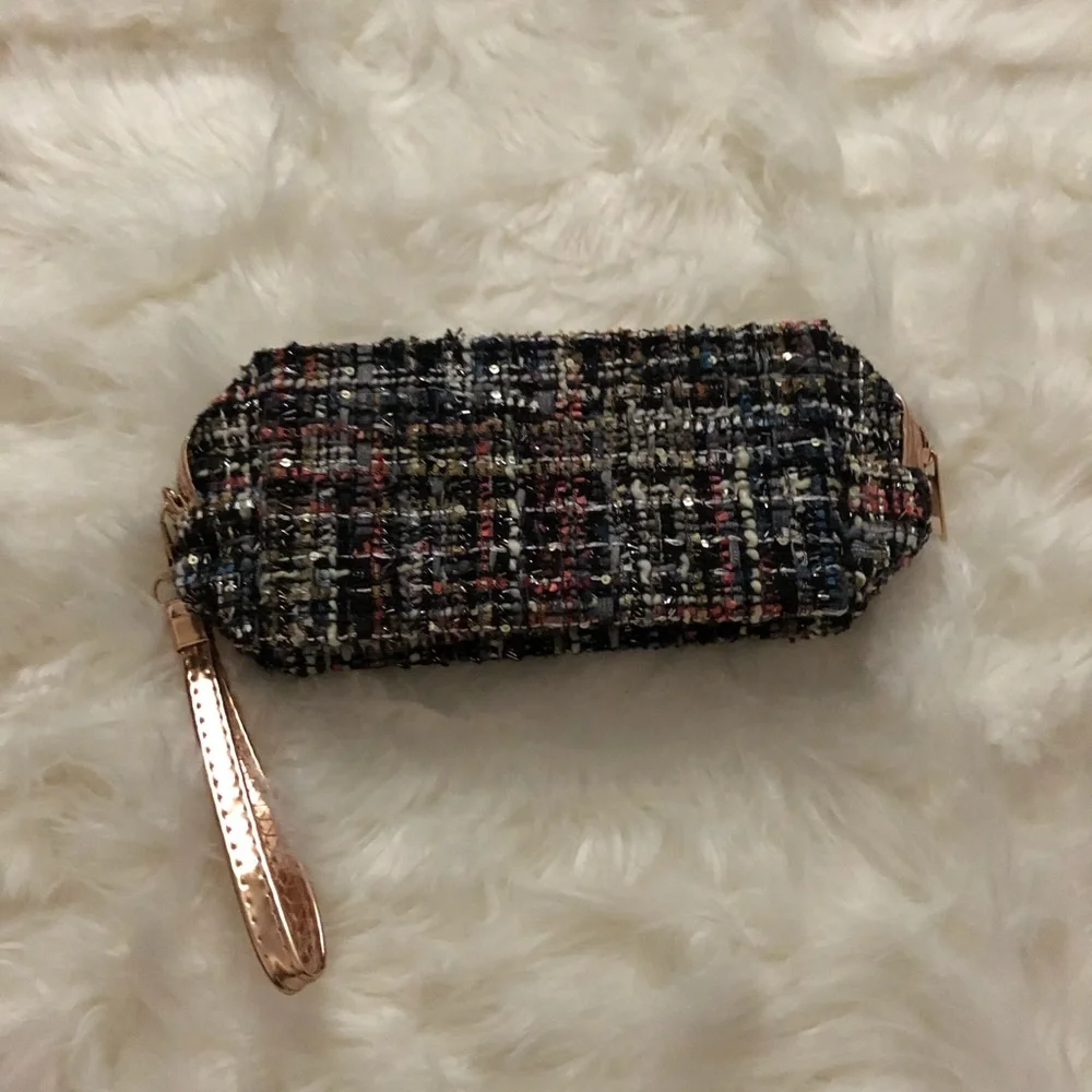 Tweed Cosmetic Bag / Makeup Pouch with Wristlet Sparkling Bag & Removable strap